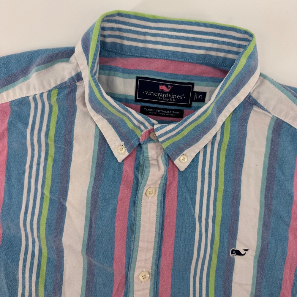 Vineyard Vines Button Down‎ Shirt Mens XL Blue Pink Striped Short Sleeve Stretch